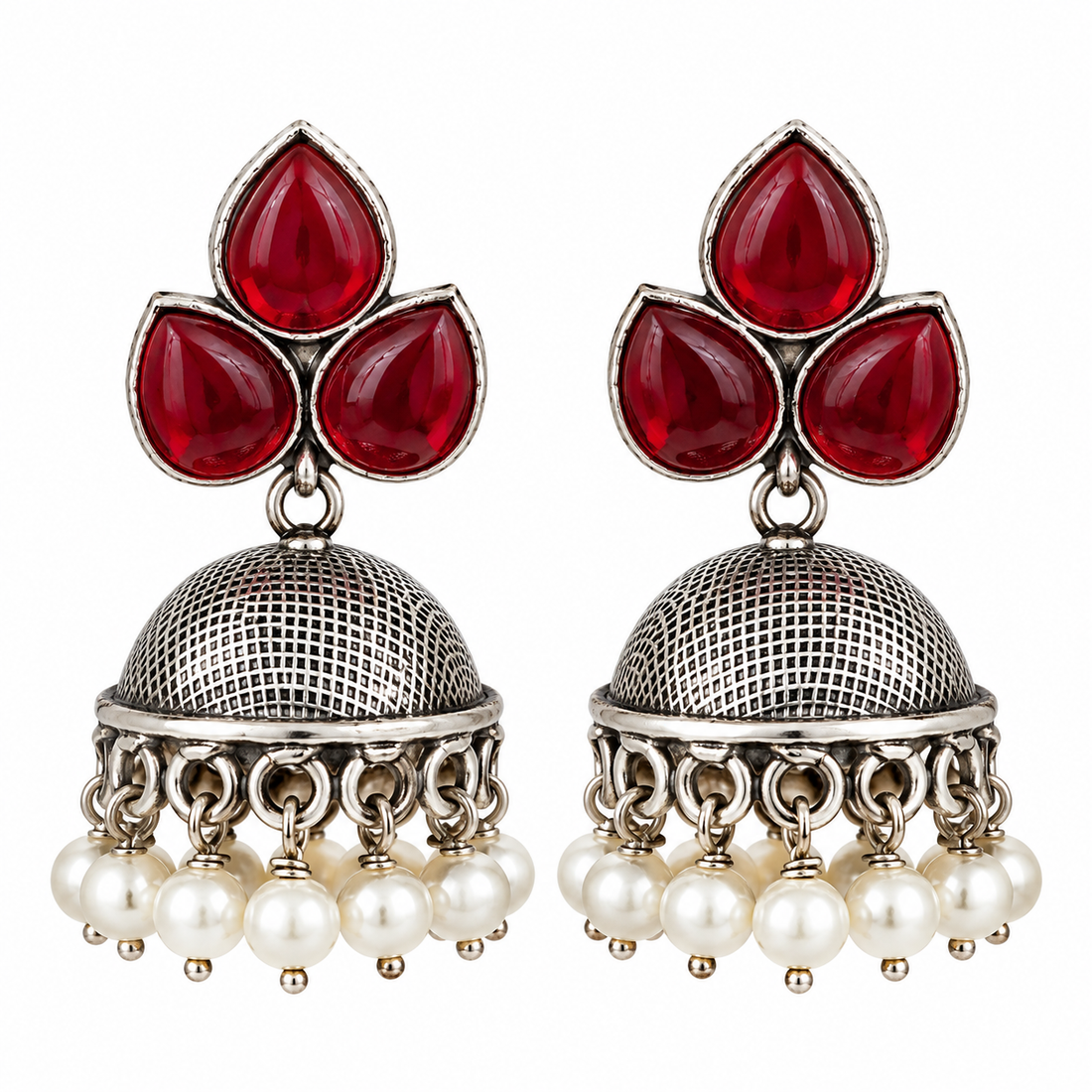 Ruby Jhumka Earrings with Pearl Fringe
