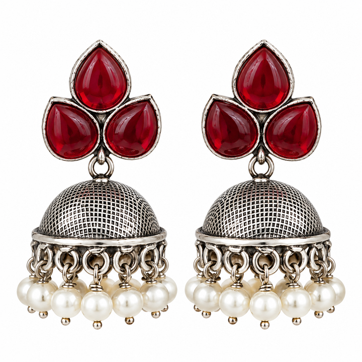 Ruby Jhumka Earrings with Pearl Fringe