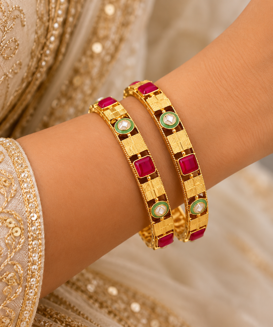 Ornate Rani Pink and Emerald Gold Bangles