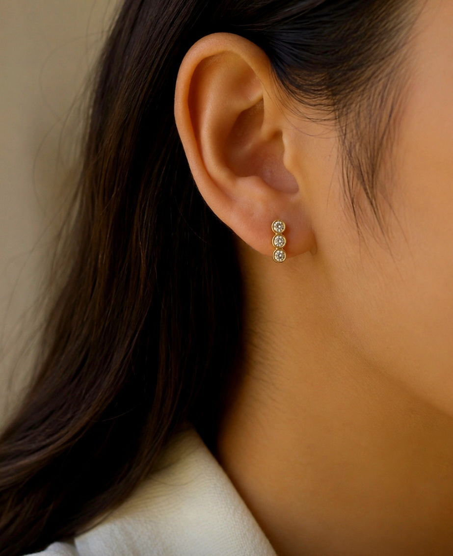 Three-Stone Bezel Gold Stud Earring