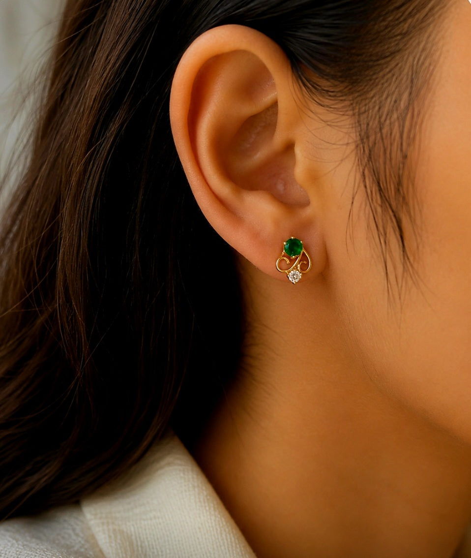 Emerald & Diamond Filigree Gold Stud Earring