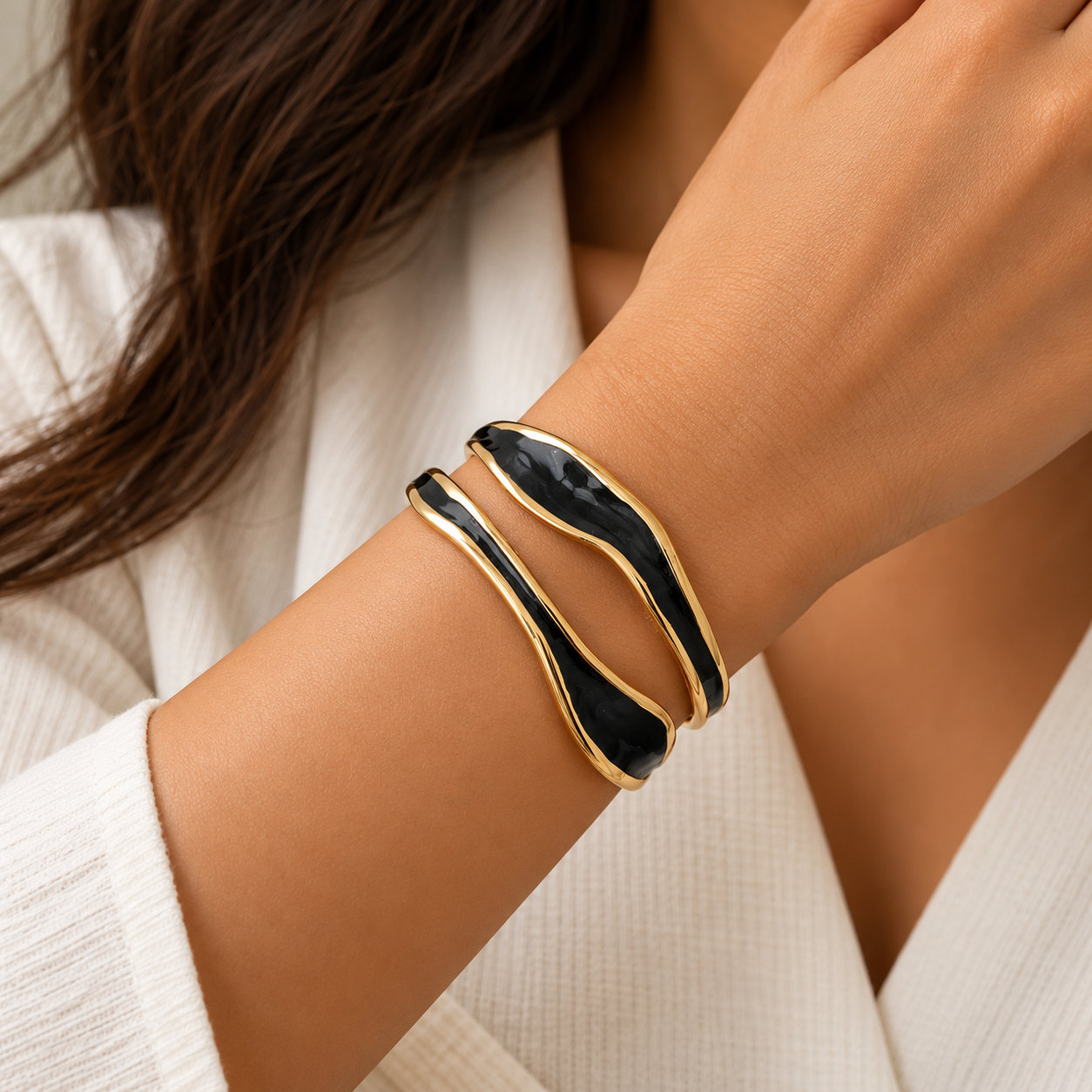 Sculptural Gold and Black Wave Cuff Bracelet