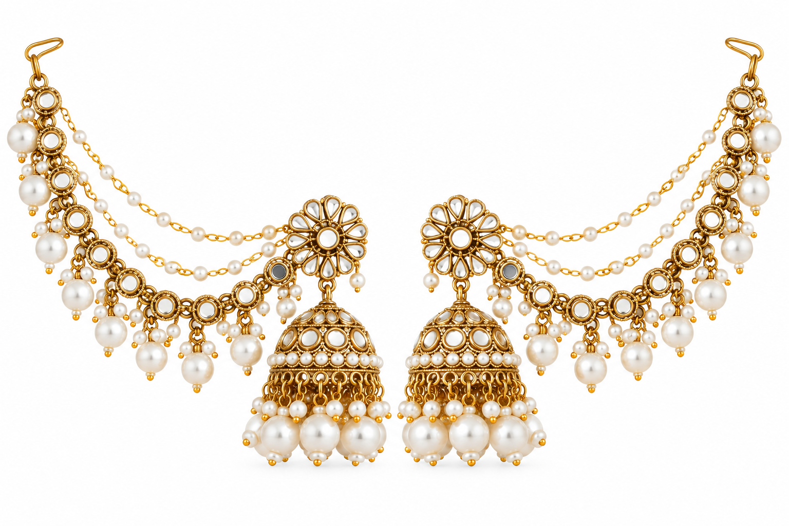 Traditional Mirror Kundan Jhumka with Kaan Chain