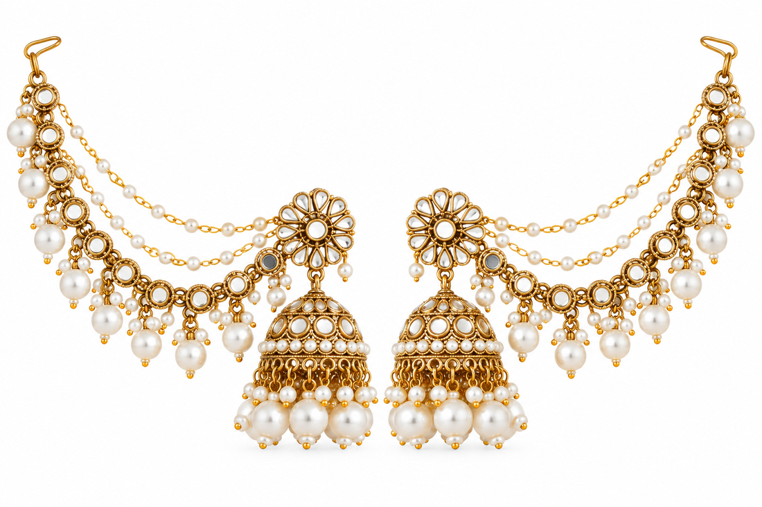 Traditional Mirror Kundan Jhumka with Kaan Chain