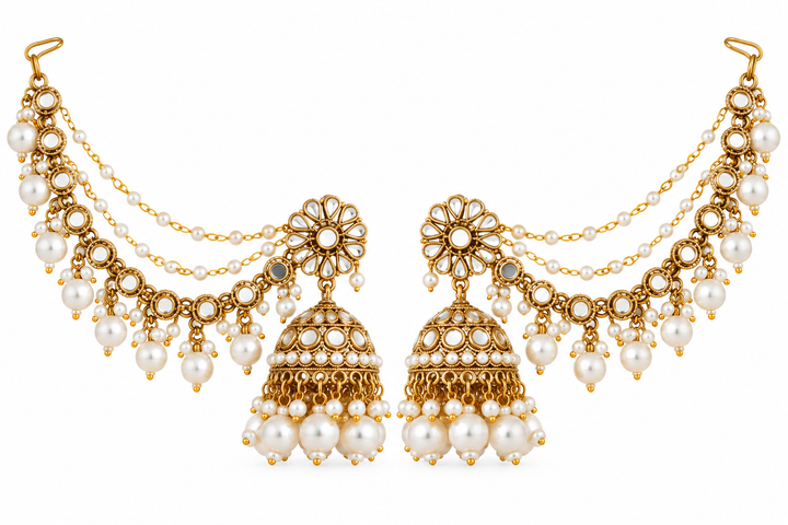 Traditional Mirror Kundan Jhumka with Kaan Chain