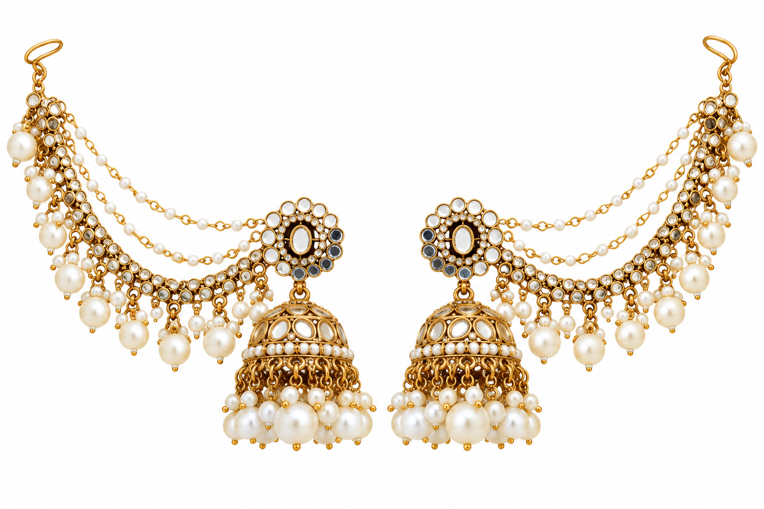 Royal Pearl Kundan Jhumka with Kaan Chain