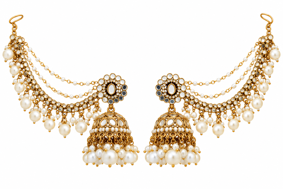 Royal Pearl Kundan Jhumka with Kaan Chain