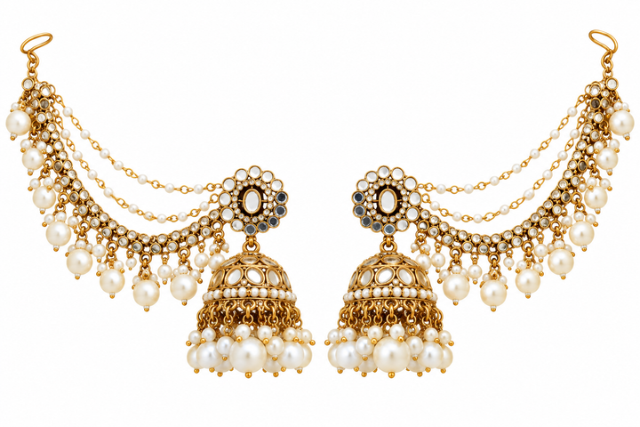 Royal Pearl Kundan Jhumka with Kaan Chain