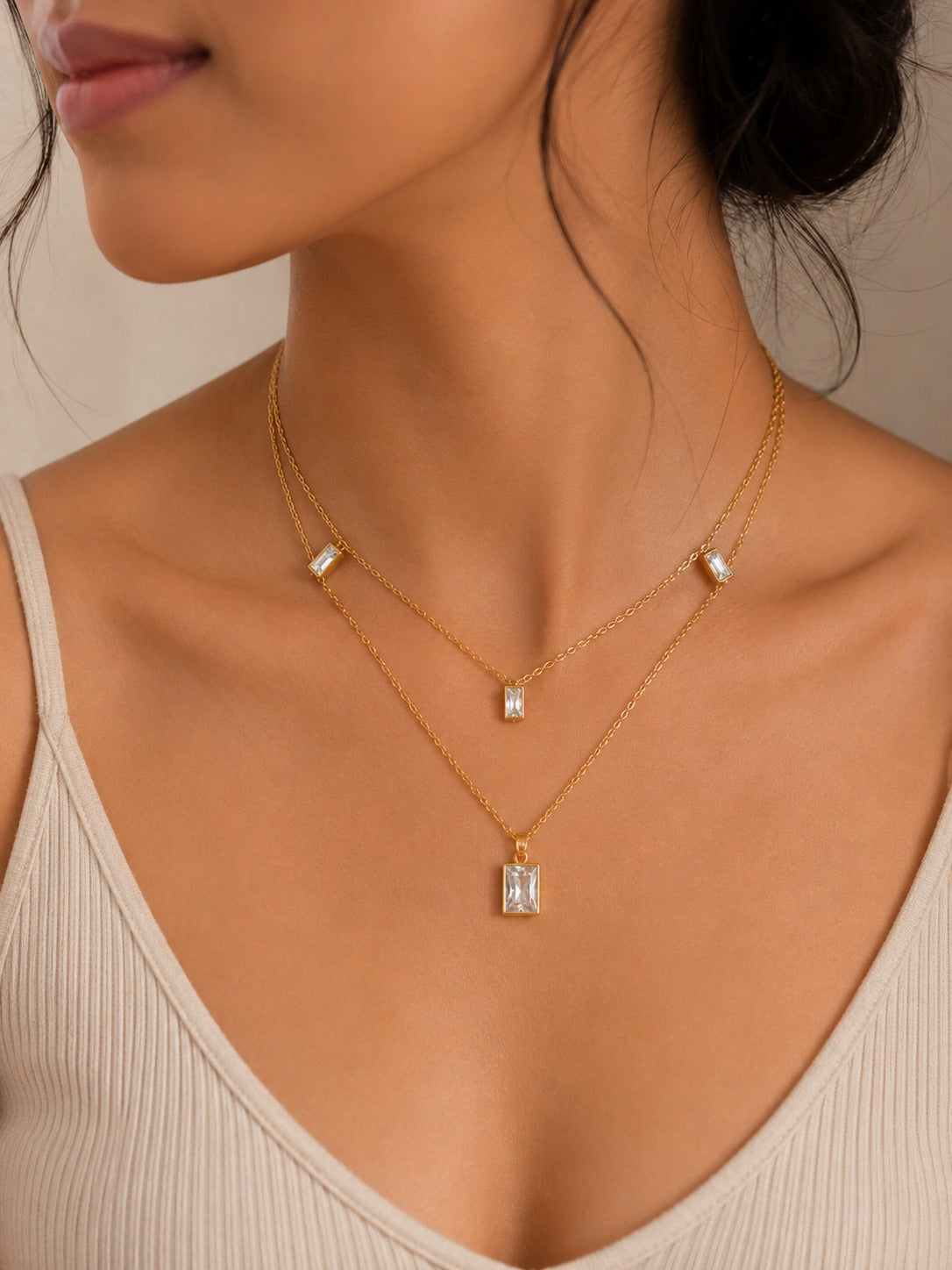 Golden Crystal Bar Layered Necklace