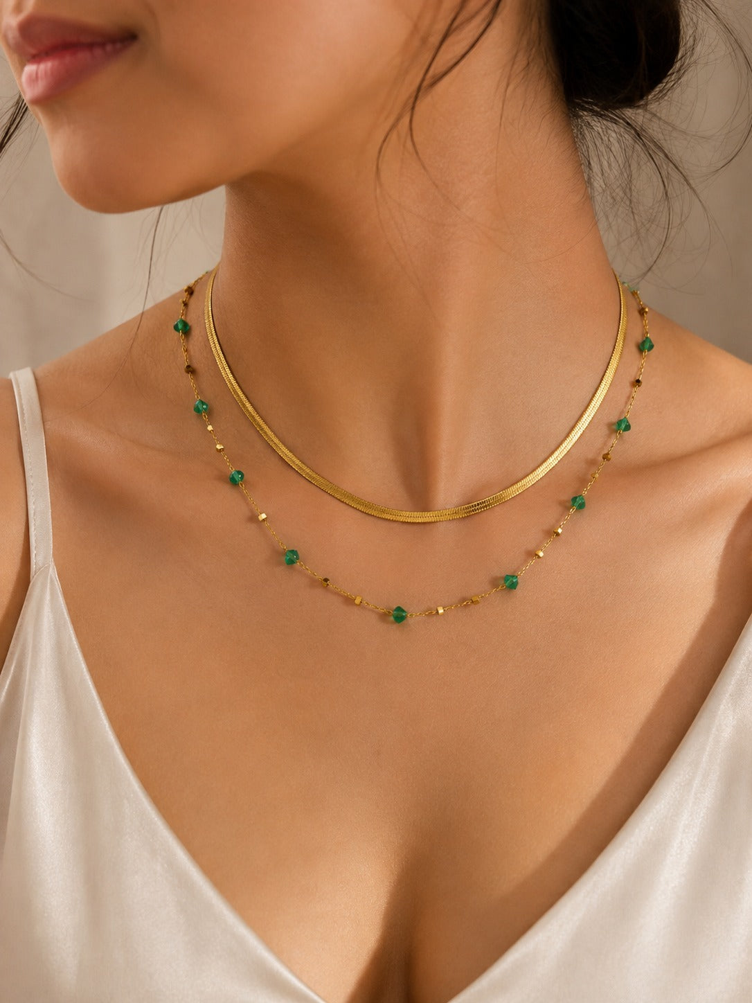 Golden Green Crystal Layered Necklace