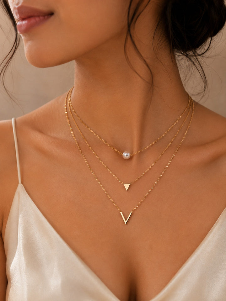 Golden Pearl & V Layered Necklace