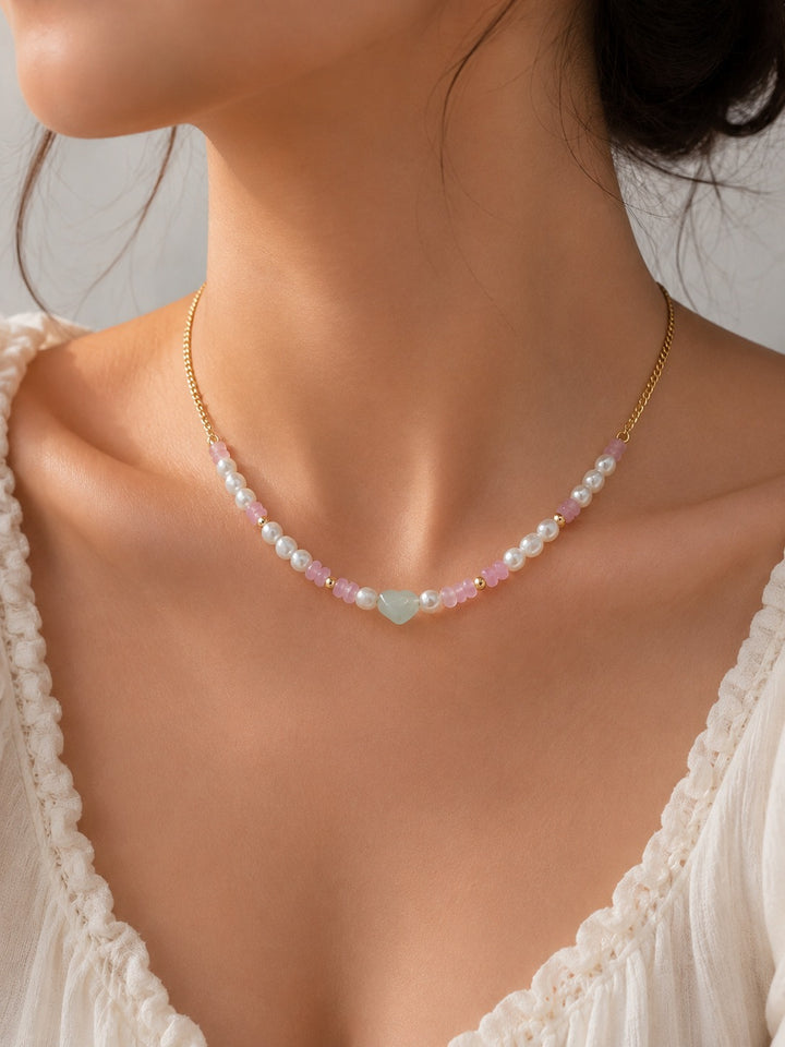 Pink Pearl Heart Charm Necklace
