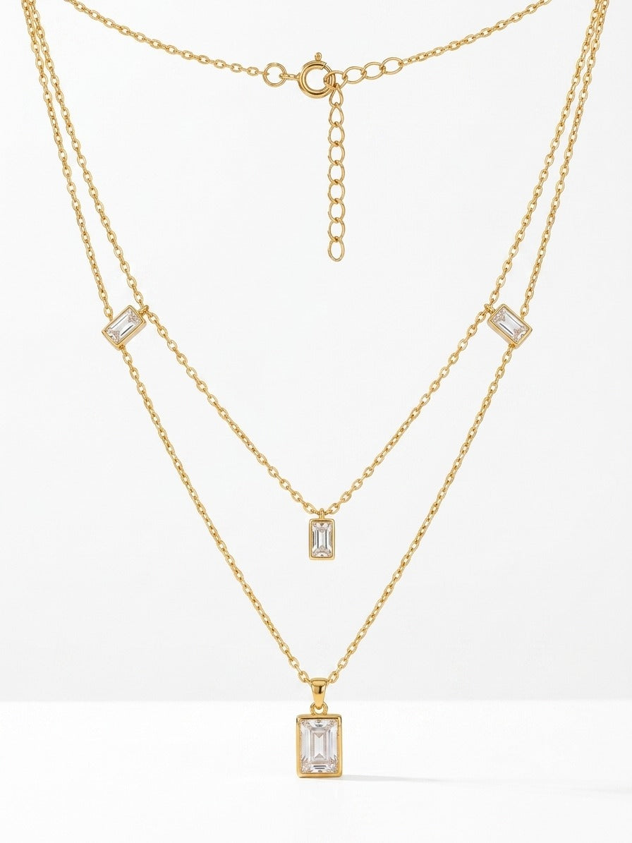 Golden Crystal Bar Layered Necklace