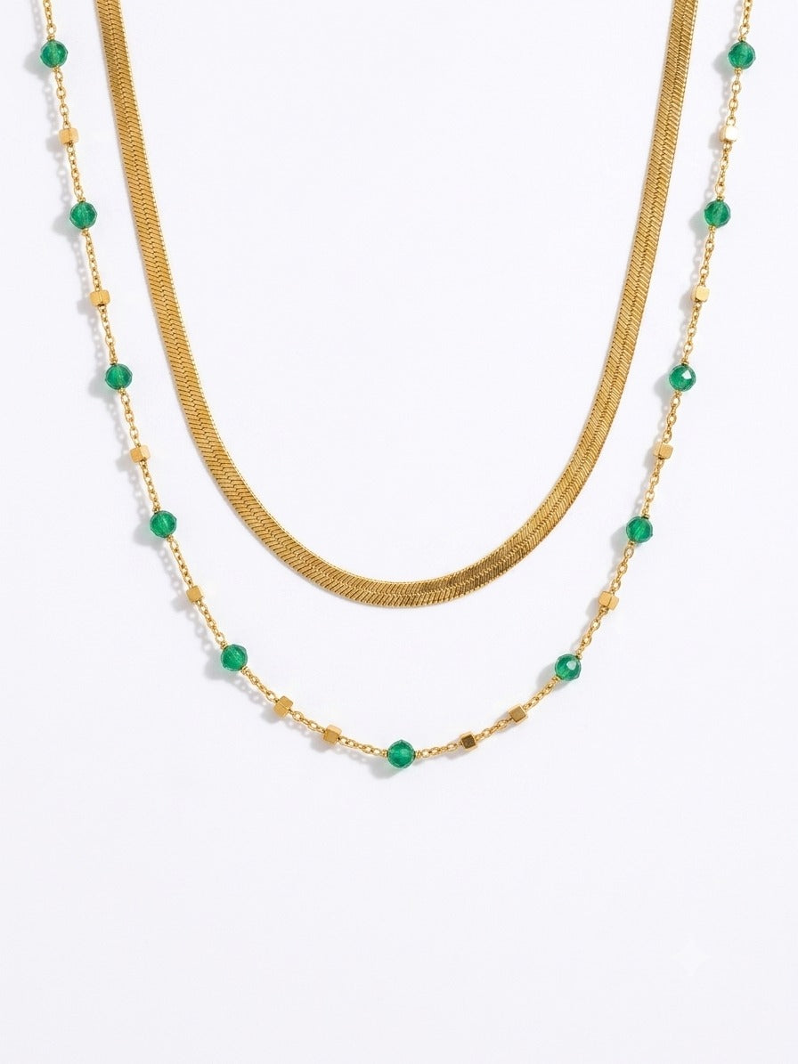 Golden Green Crystal Layered Necklace