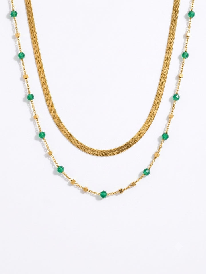 Golden Green Crystal Layered Necklace