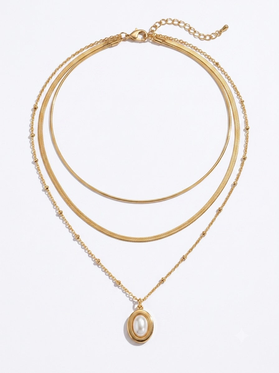 Golden Oval Pendant Layered Necklace