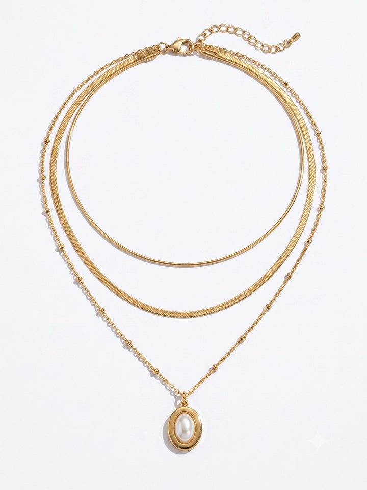 Golden Oval Pendant Layered Necklace