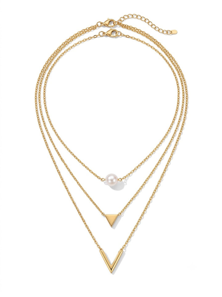 Golden Pearl & V Layered Necklace